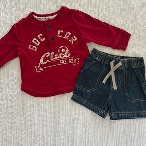 Red soccer Henley and denim jean shorts